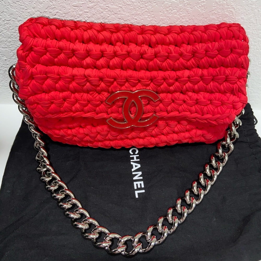 AUTHENTIC 💯 Chanel Red Cruise Crochet Logo Flap Bag